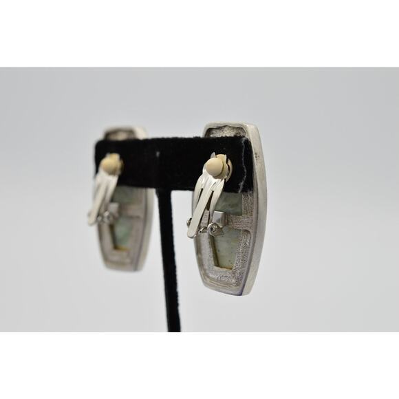 Vintage Earrings Brushed Silver Faux Green Stone Cabochon Statement 1980s 9G - Picture 9 of 12